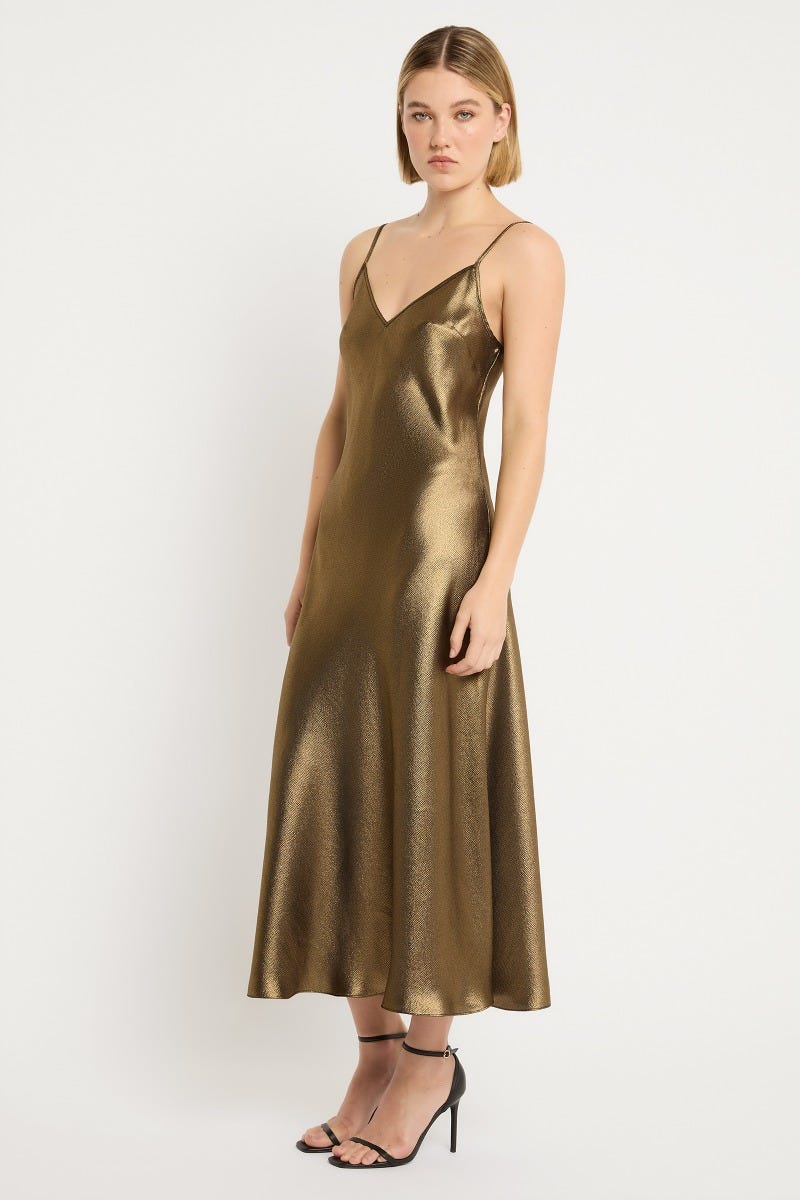 Gold slip store dress long