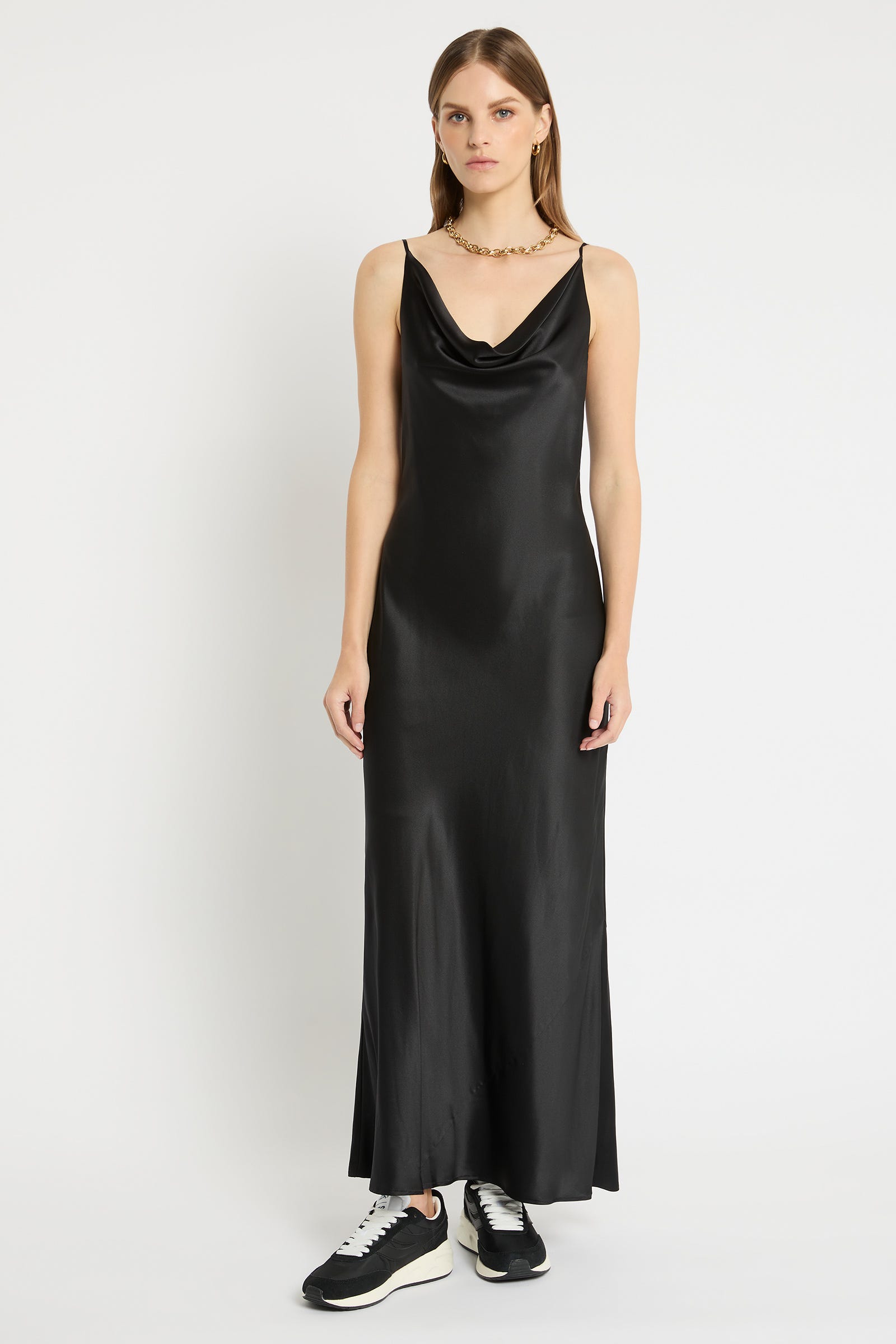 Long black satin slip store dress